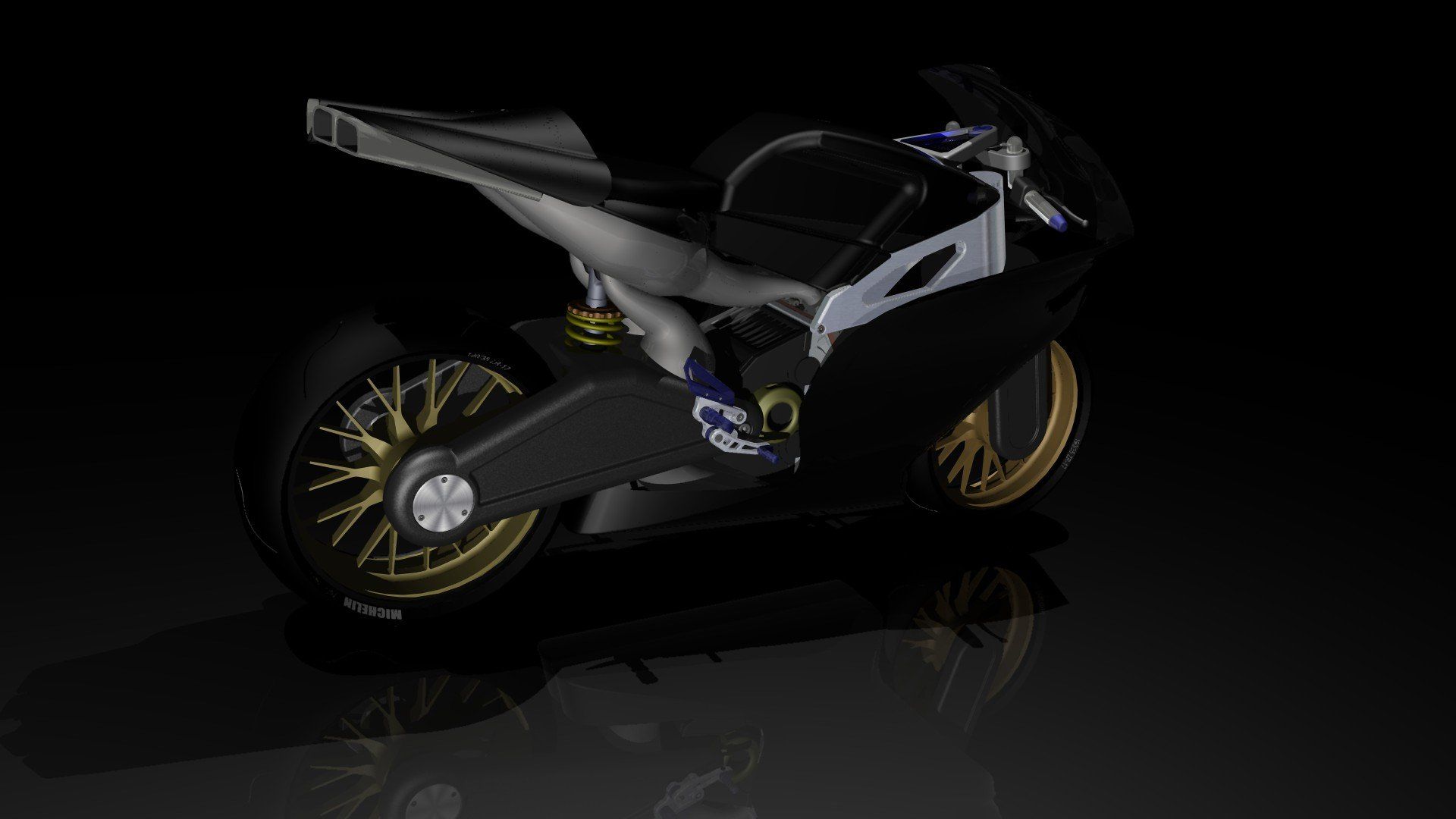 Sleek black and silver sport motorcycle with gold wheels on a dark reflective background