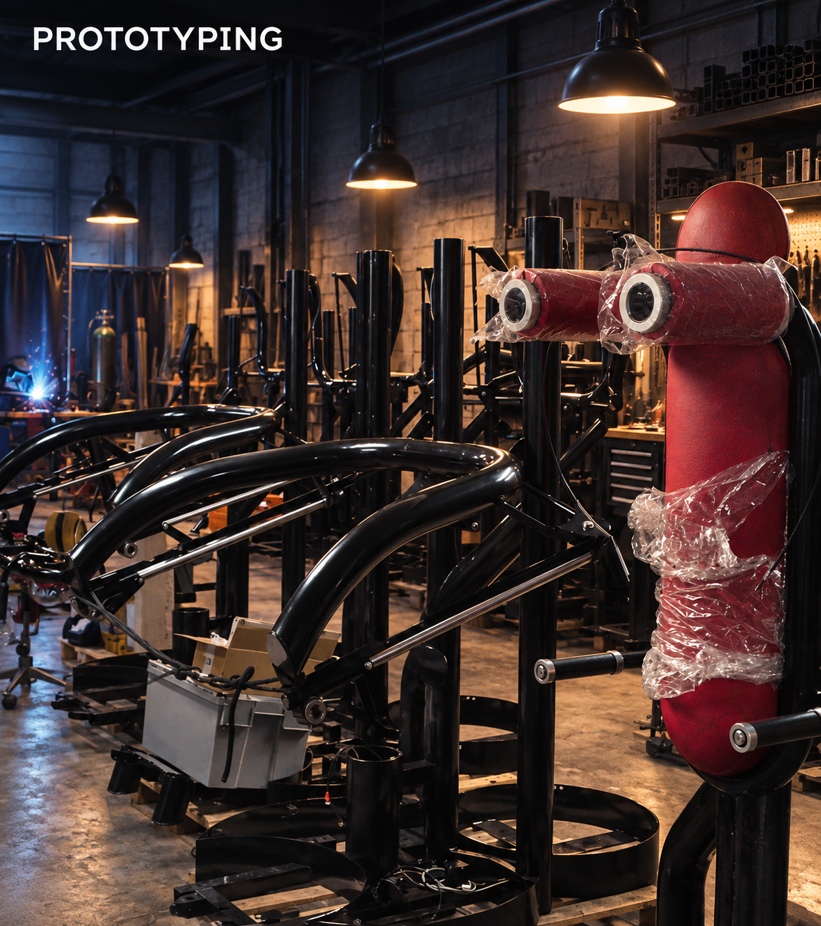 Factory prototype of a black metal robotic frame beside a red cylindrical machine in a workshop