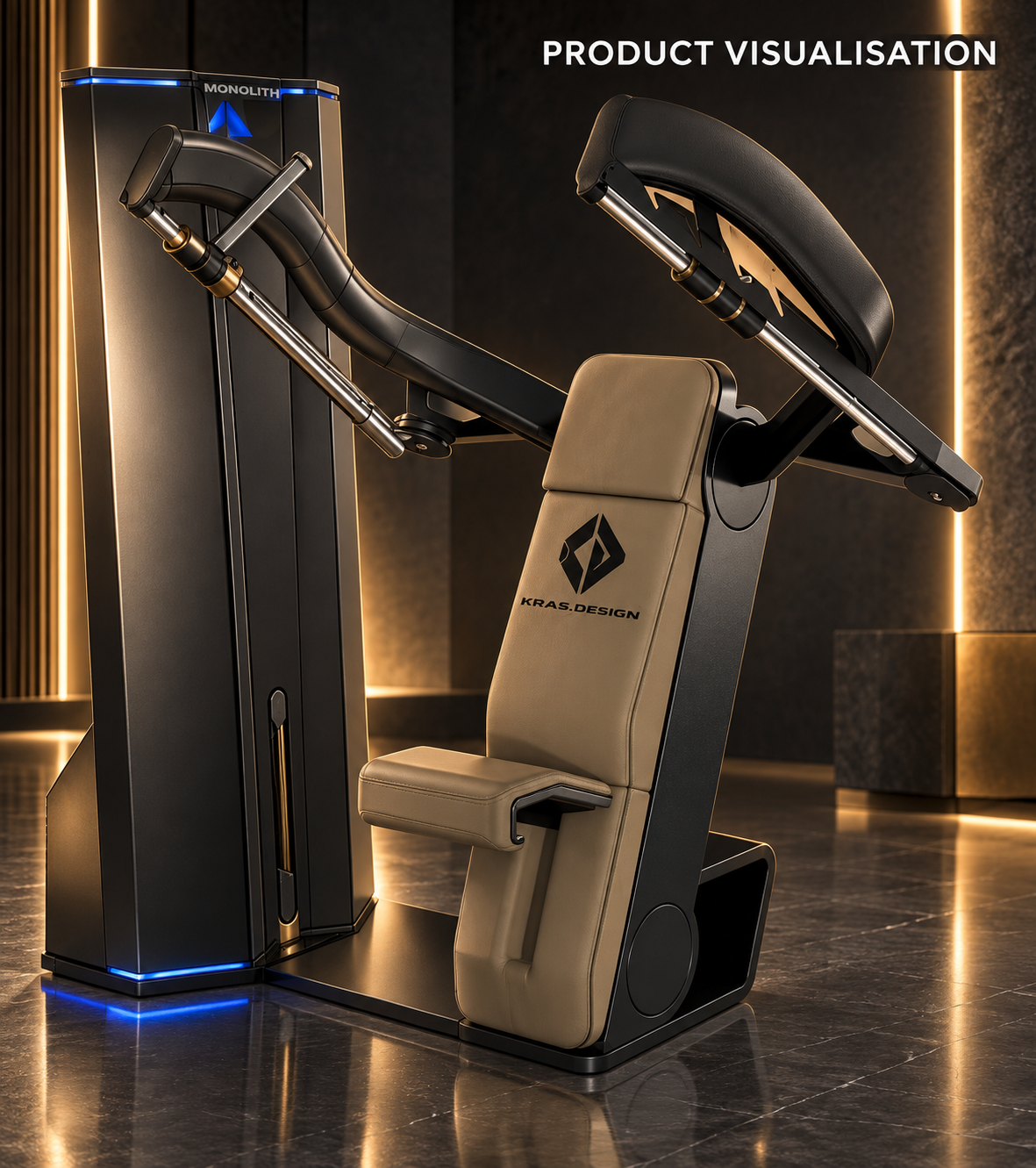 Product visualization of a black and tan coffee machine with a cup holder and open top lid