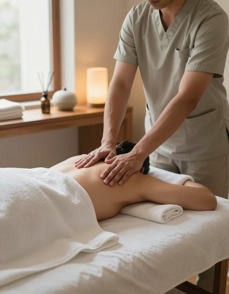 Masajista dando un masaje de espalda en una sala de spa con luz tenue
