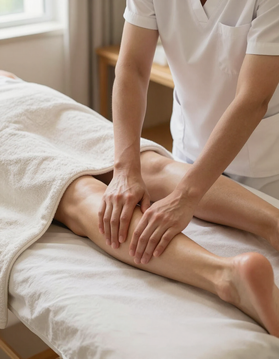 Masajista masajeando las piernas de un cliente en una camilla de tratamiento en una sala de spa