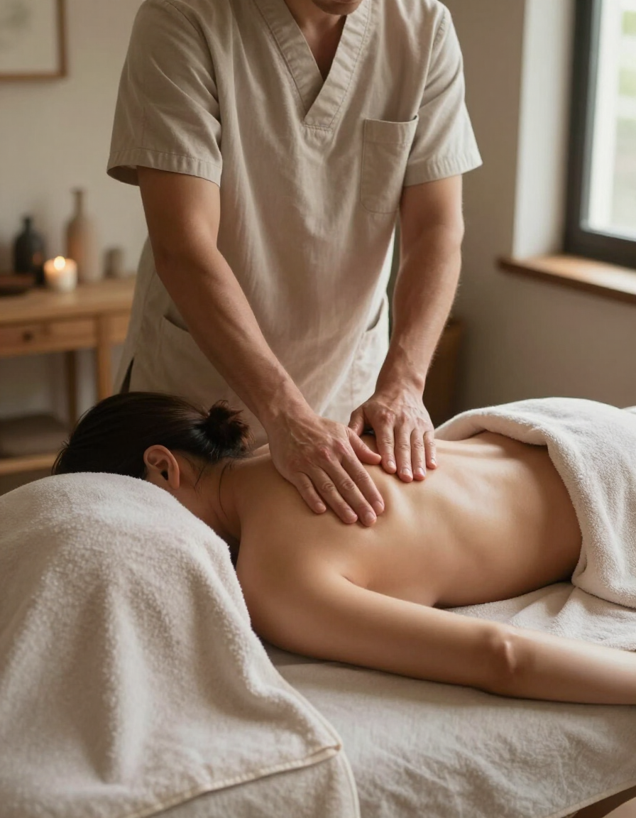 Masajista dando un masaje de espalda a un cliente en una camilla de tratamiento en una sala de spa