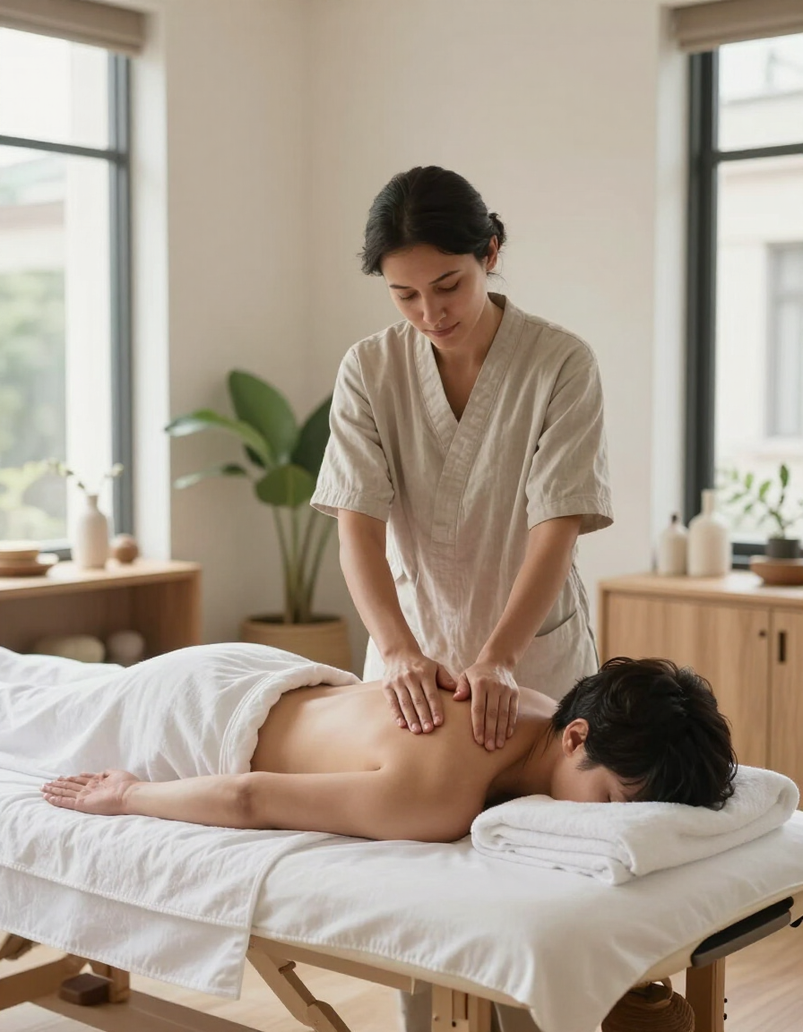 Masajista dando un masaje de espalda a un cliente en una camilla dentro de una tranquila sala de spa