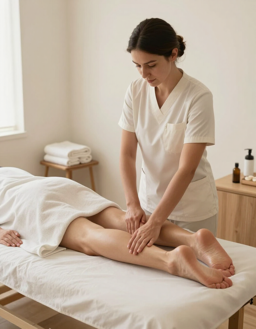 Masajista trabajando en las piernas de un cliente en una luminosa sala de tratamientos de spa