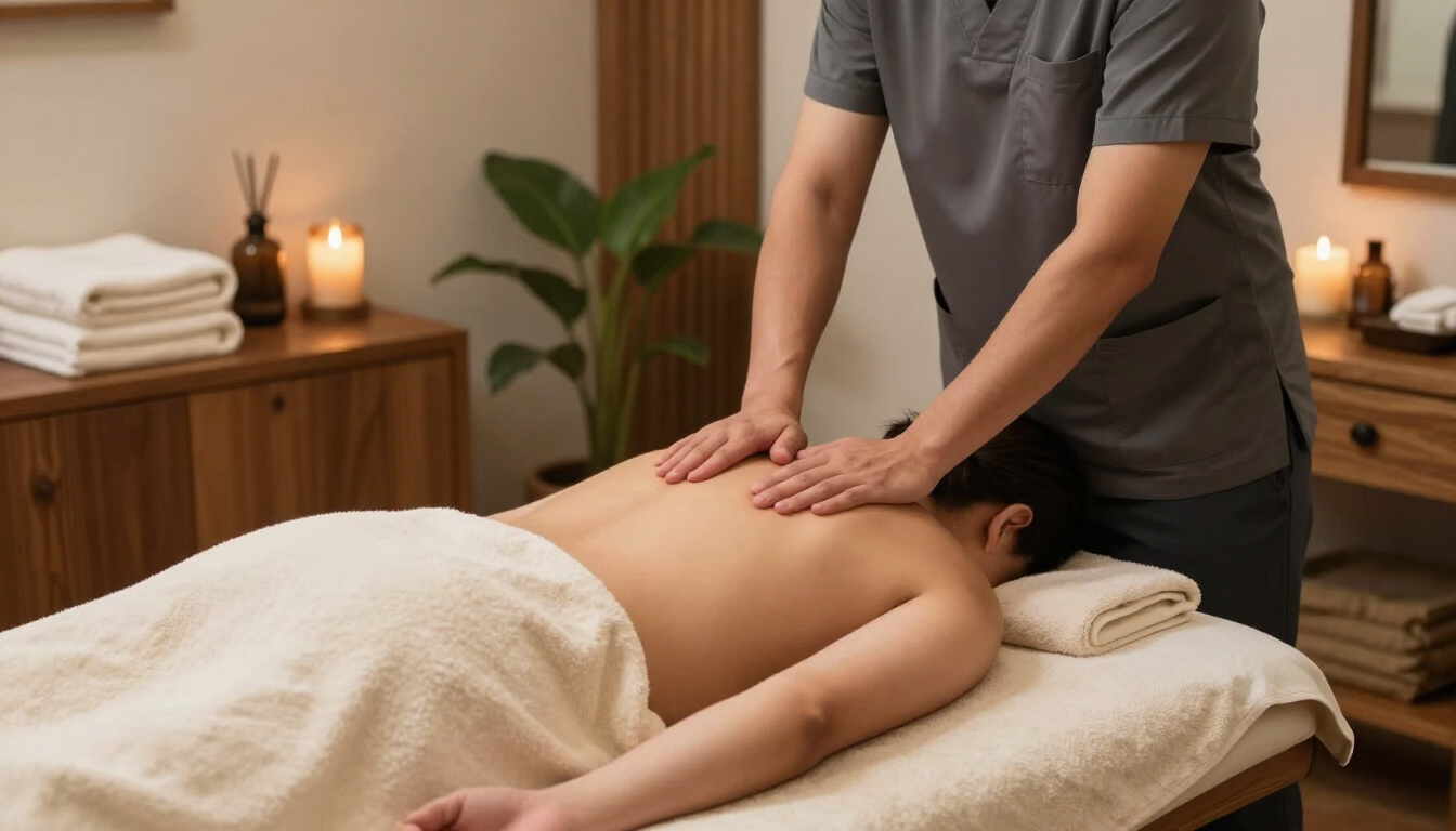 Masajista dando un masaje de espalda en una camilla de spa, en una sala de tratamientos acogedora