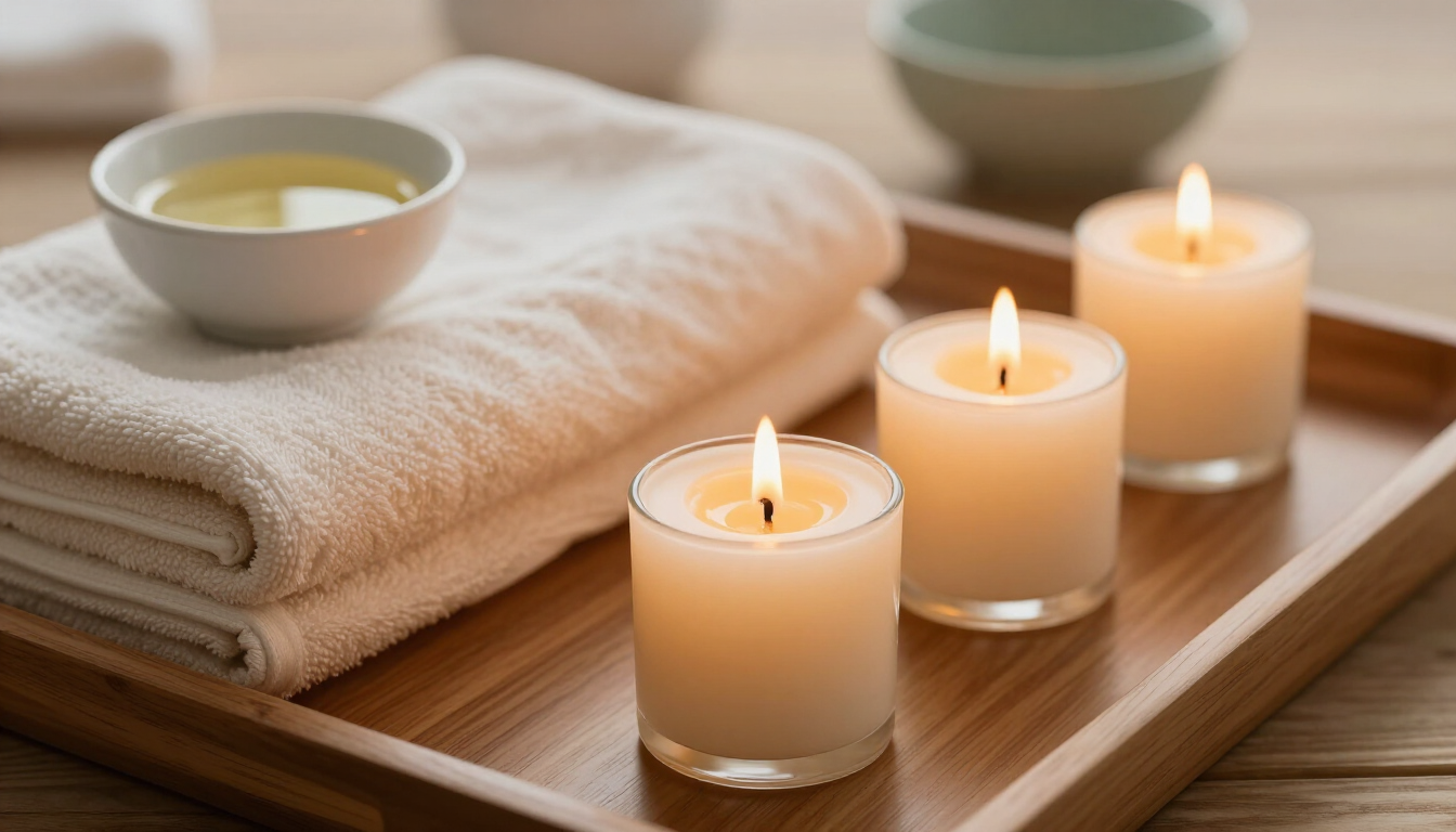 Bandeja de spa con toallas dobladas, cuencos de té y velas encendidas sobre una superficie de madera