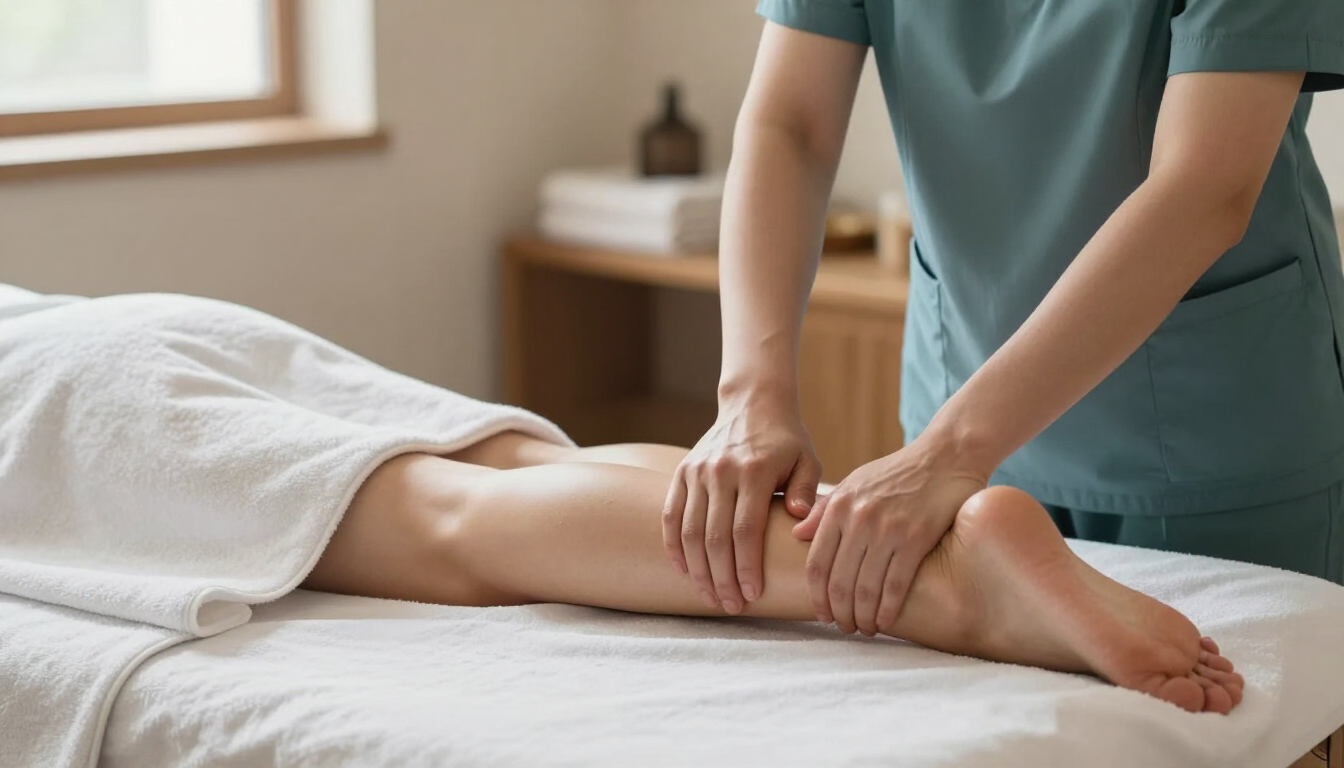 Masajista amasando la parte inferior de la pierna de un cliente en una camilla de tratamiento en una sala de spa