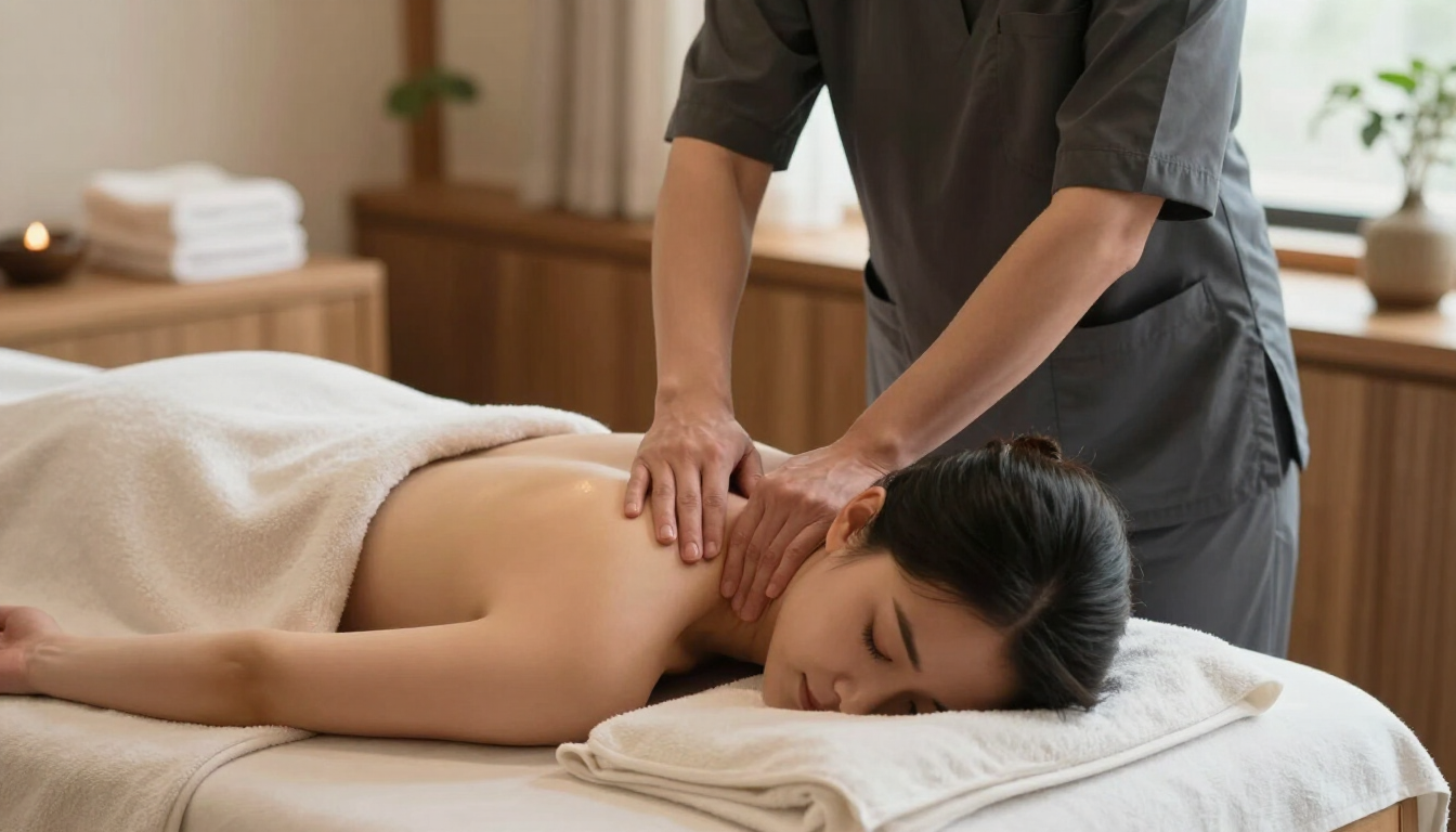 Masajista dando un masaje en la espalda a un cliente en una sala de spa