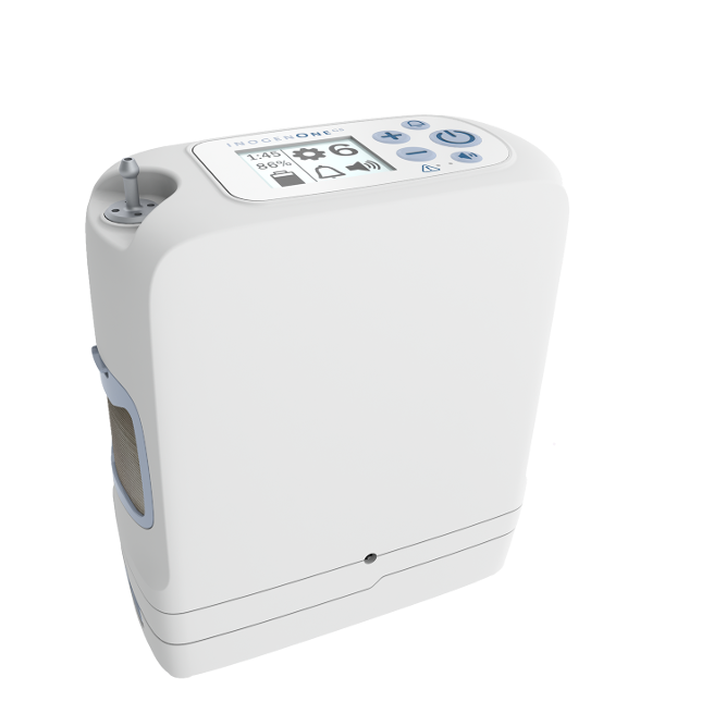 A white portable oxygen concentrator on a white background