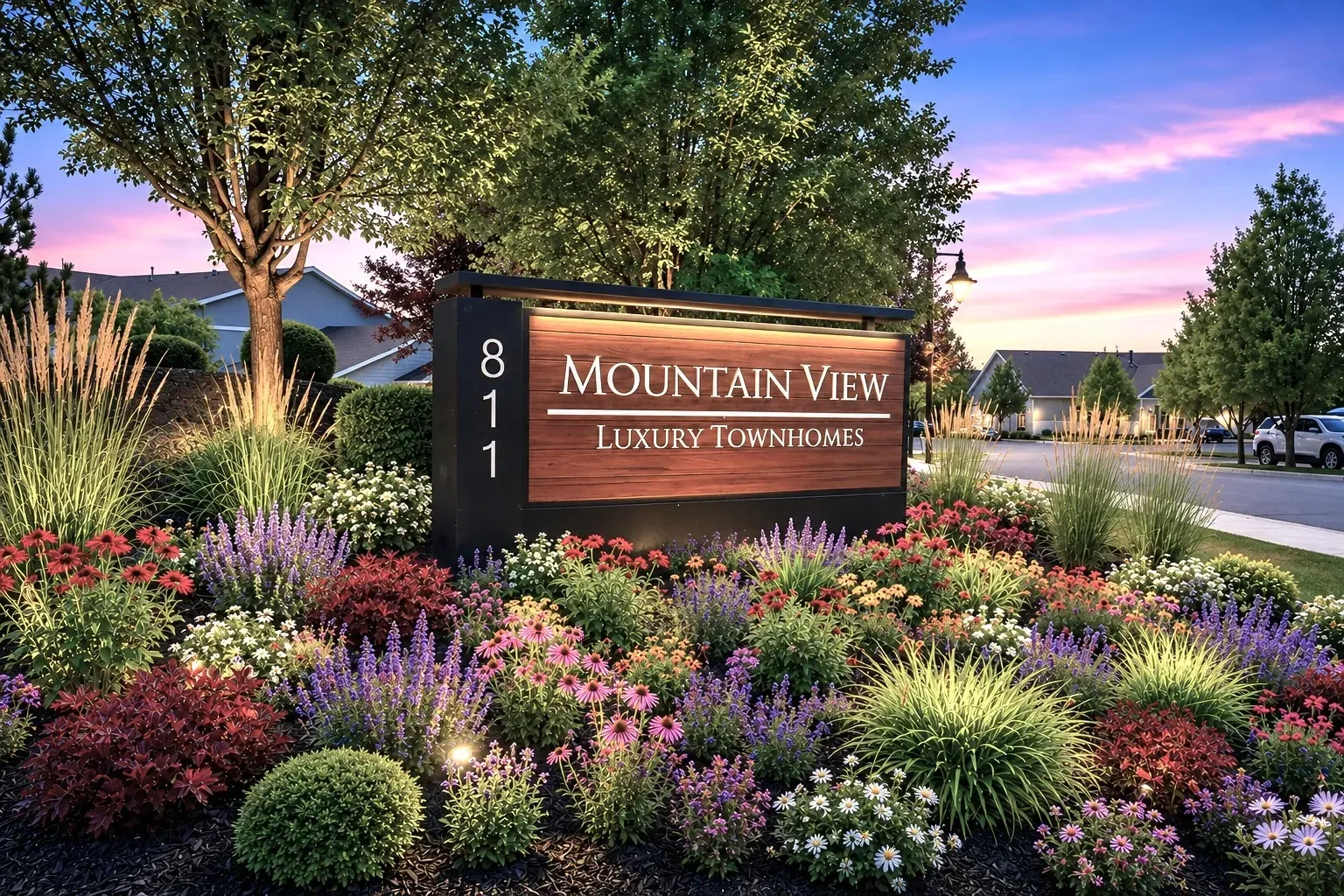 Mountain View Luxury Townhomes monument sign at dusk with colorful flowers.