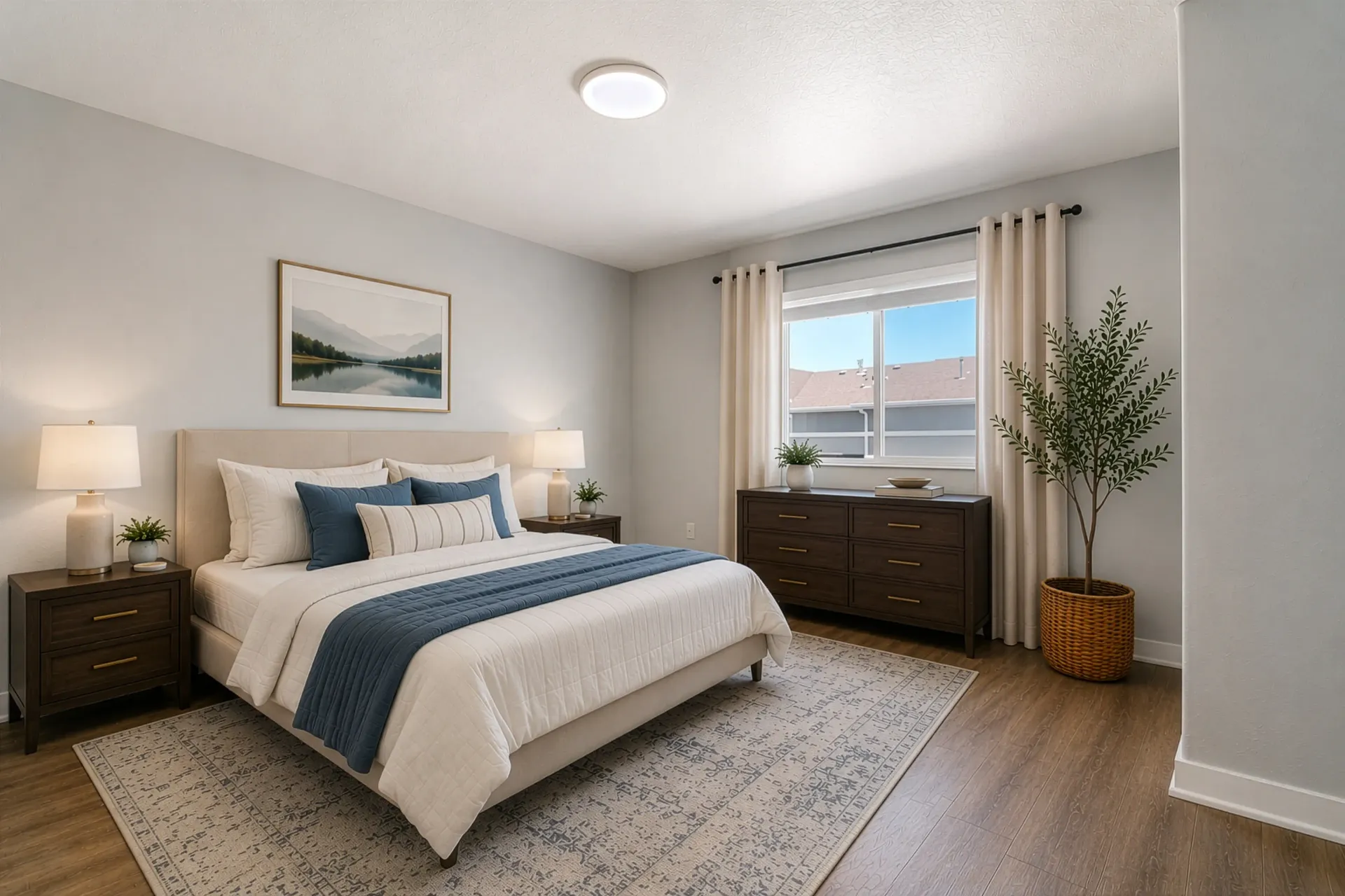 Cozy bedroom with a king-sized bed, nightstands, dresser, and large window at Mountain View Townhomes, offering townhomes for rent in Ogden, UT.