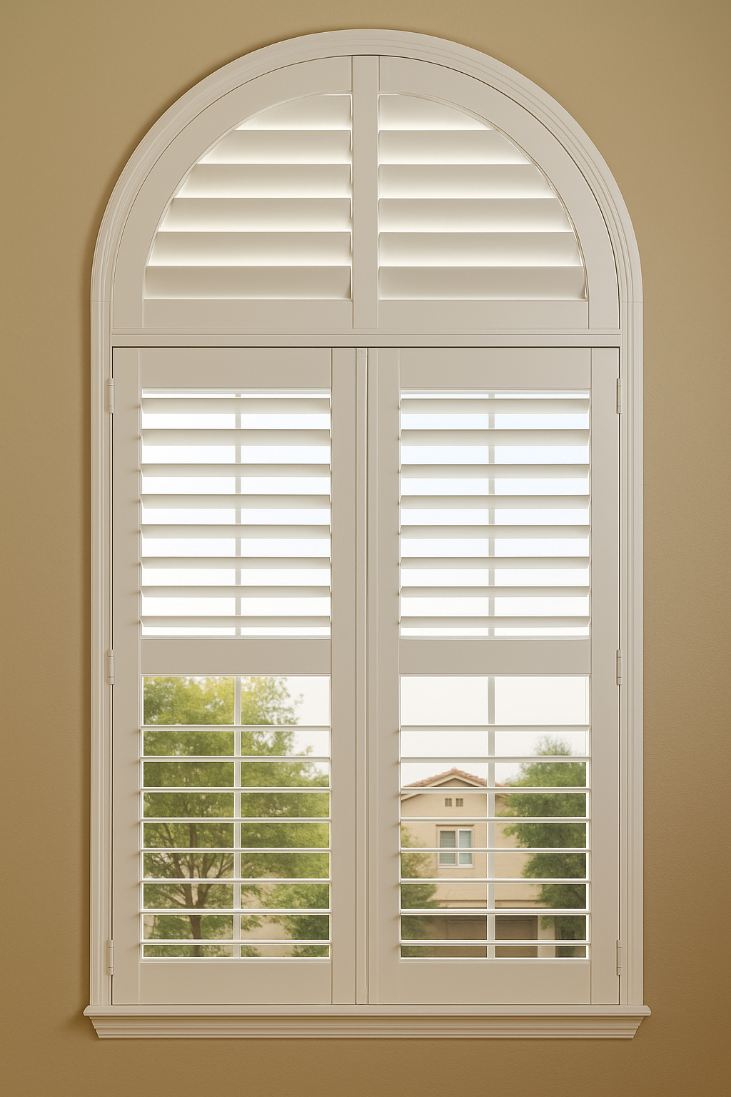 White arched shutters on arched window, with a view of a house and trees.