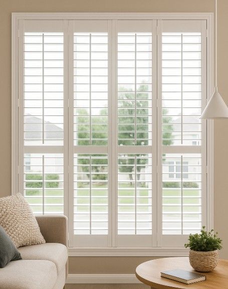White shutters cover a large window, with a partial view of a couch and table in a light-colored room.