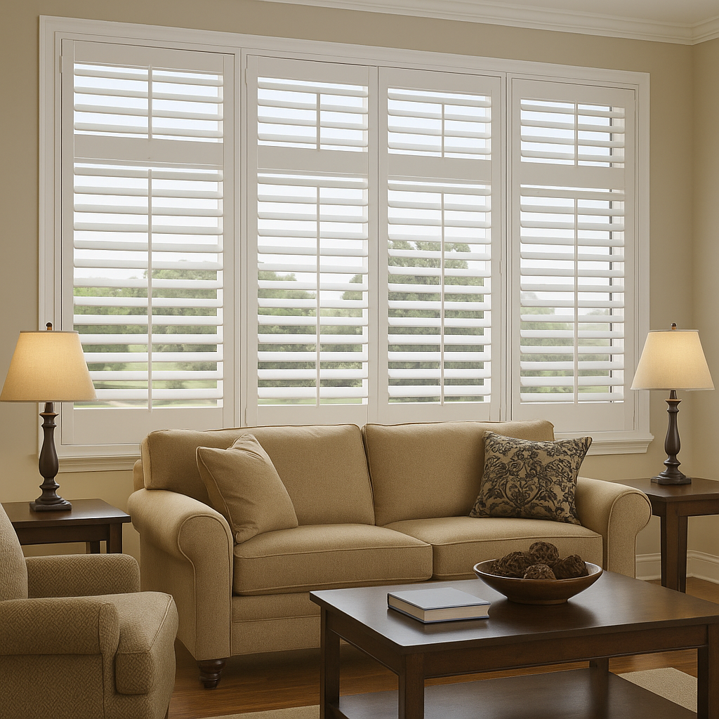Living room with white shuttered windows, a beige sofa, and two end tables with lamps.