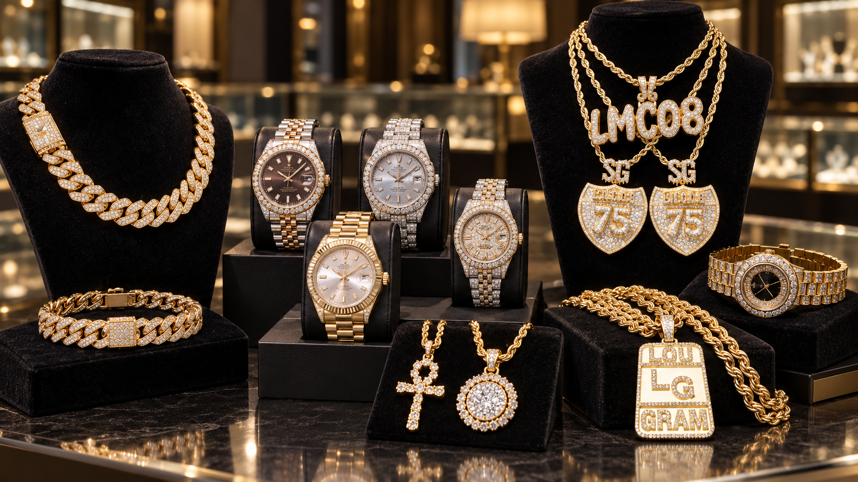 Gold jewelry and rings displayed on beige stands and pouches against a dark green background.
