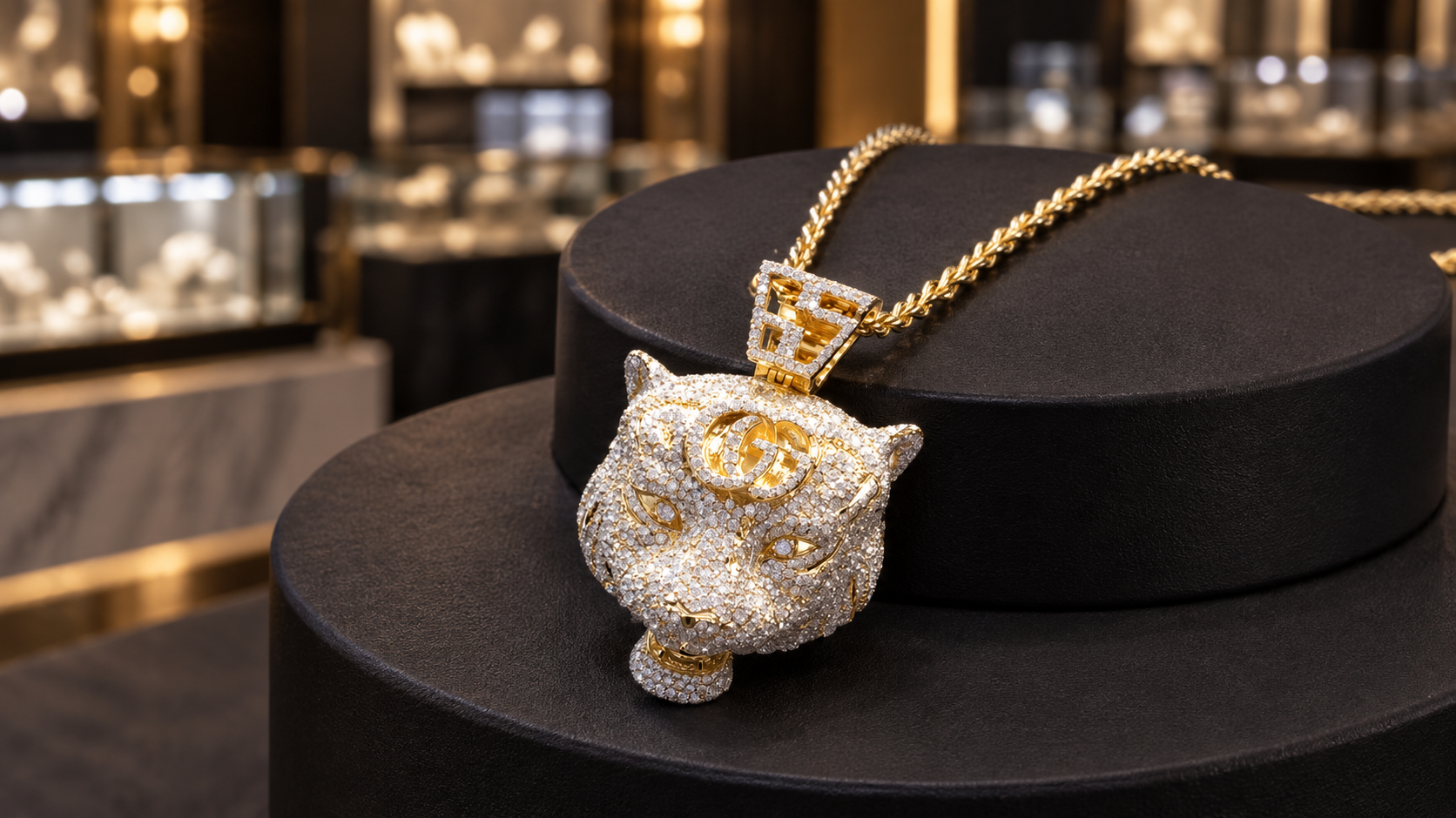 Jewelry display with gold necklace and earring sets on white stands in a store window