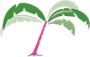 A palm tree with green and pink leaves on a white background