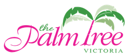 A pink and green logo for the palm tree boutique