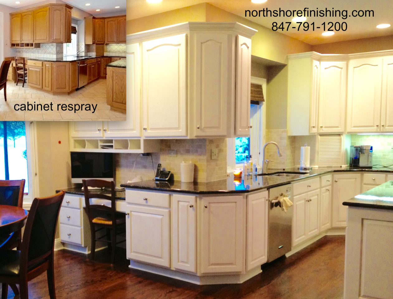 White kitchen cabinets with black countertops; before and after cabinet refinishing.