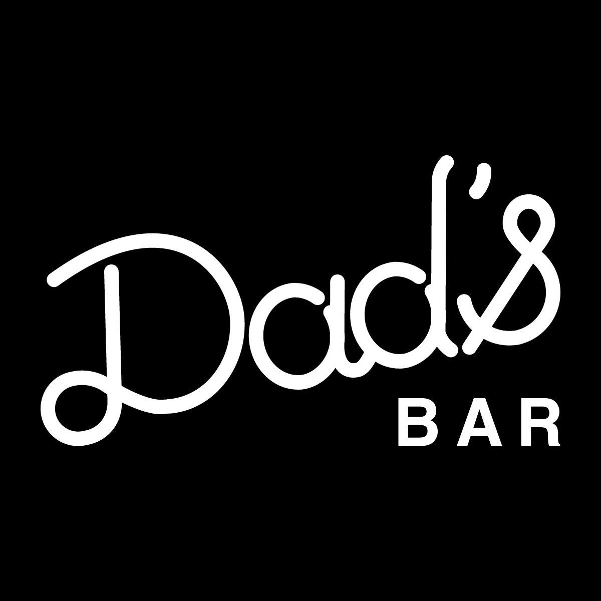 Dad's Bar logo in white script on a black background. 