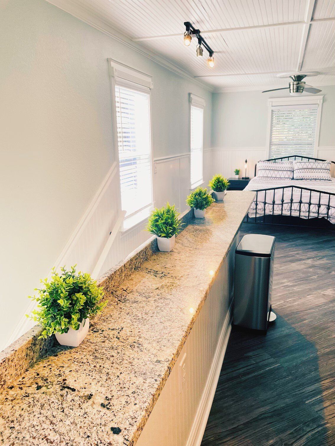 Bedroom with granite countertop, several small potted plants, and bed with black metal frame.