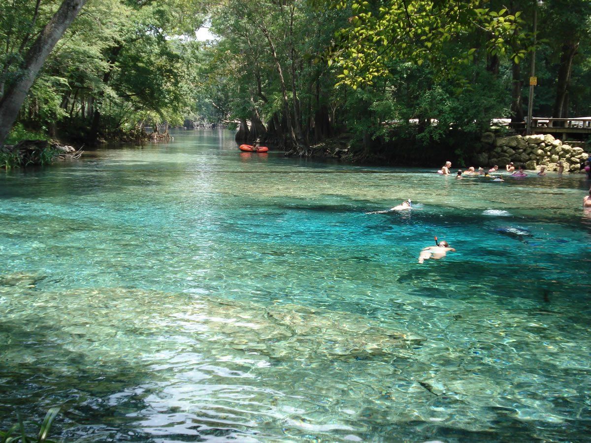 Crystal-clear turquoise water in a river with people swimming and kayaking; trees line the banks.