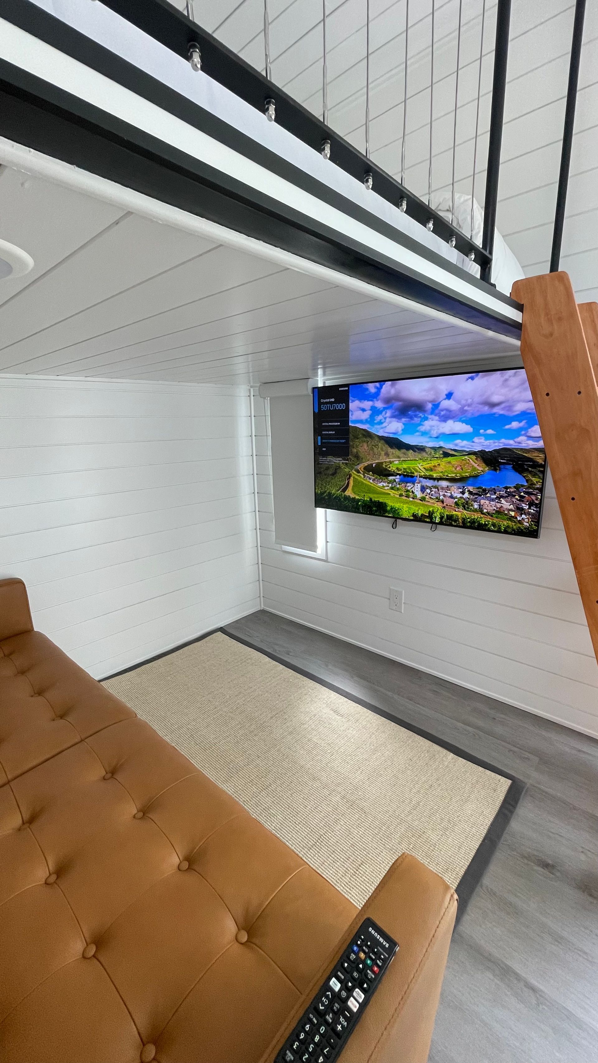 Cozy room with leather sofa, TV on the wall, and a rug. The room has white paneled walls and a black trim.
