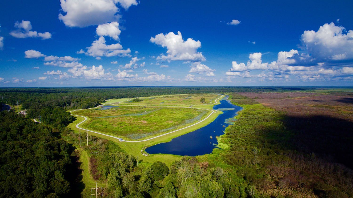 Overhead view of a wetlands area with a blue lake, green grass, and trees under a blue sky with clouds.
