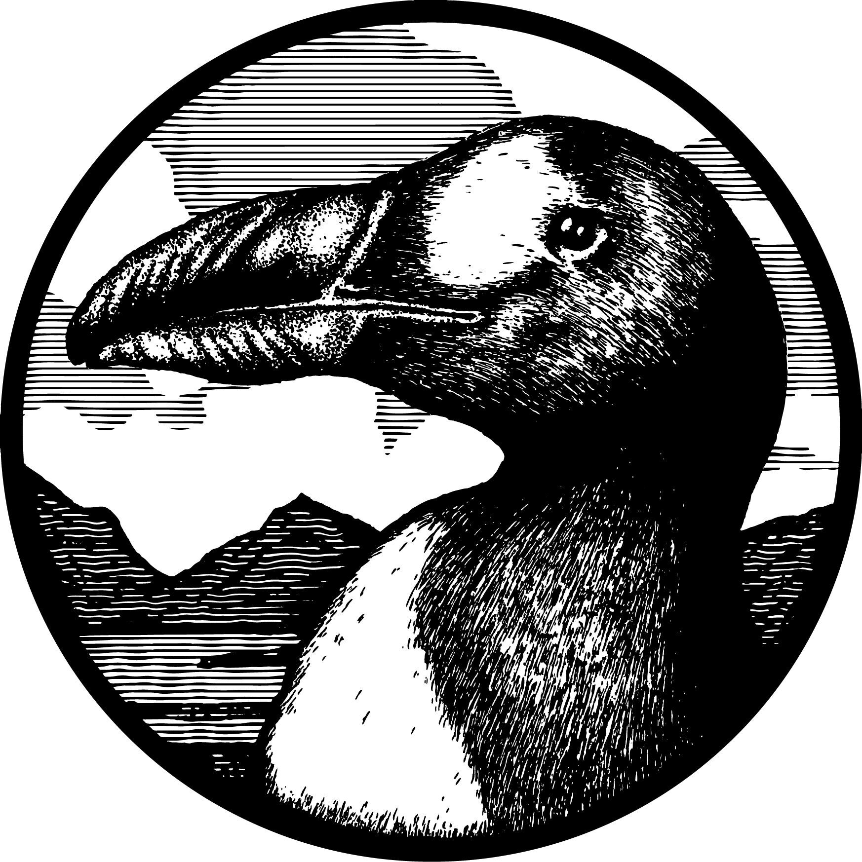Black and white illustration of a Great Auk bird within a circle, mountains in the background.