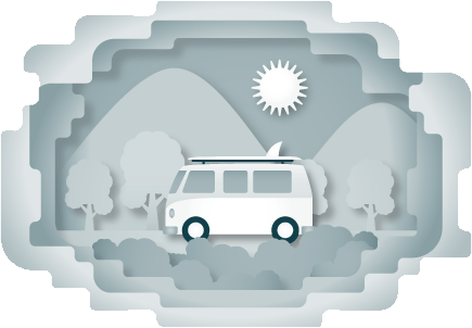 Van with surfboard driving through mountains, paper cut-out style, sunny day.