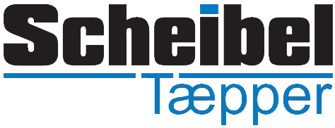 Et sort og blåt logo til scheibel taepper på hvid baggrund.