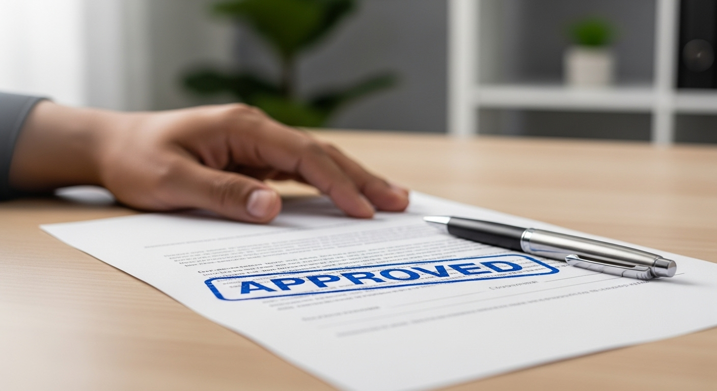 Hand stamping a document with a blue “APPROVED” mark on a desk