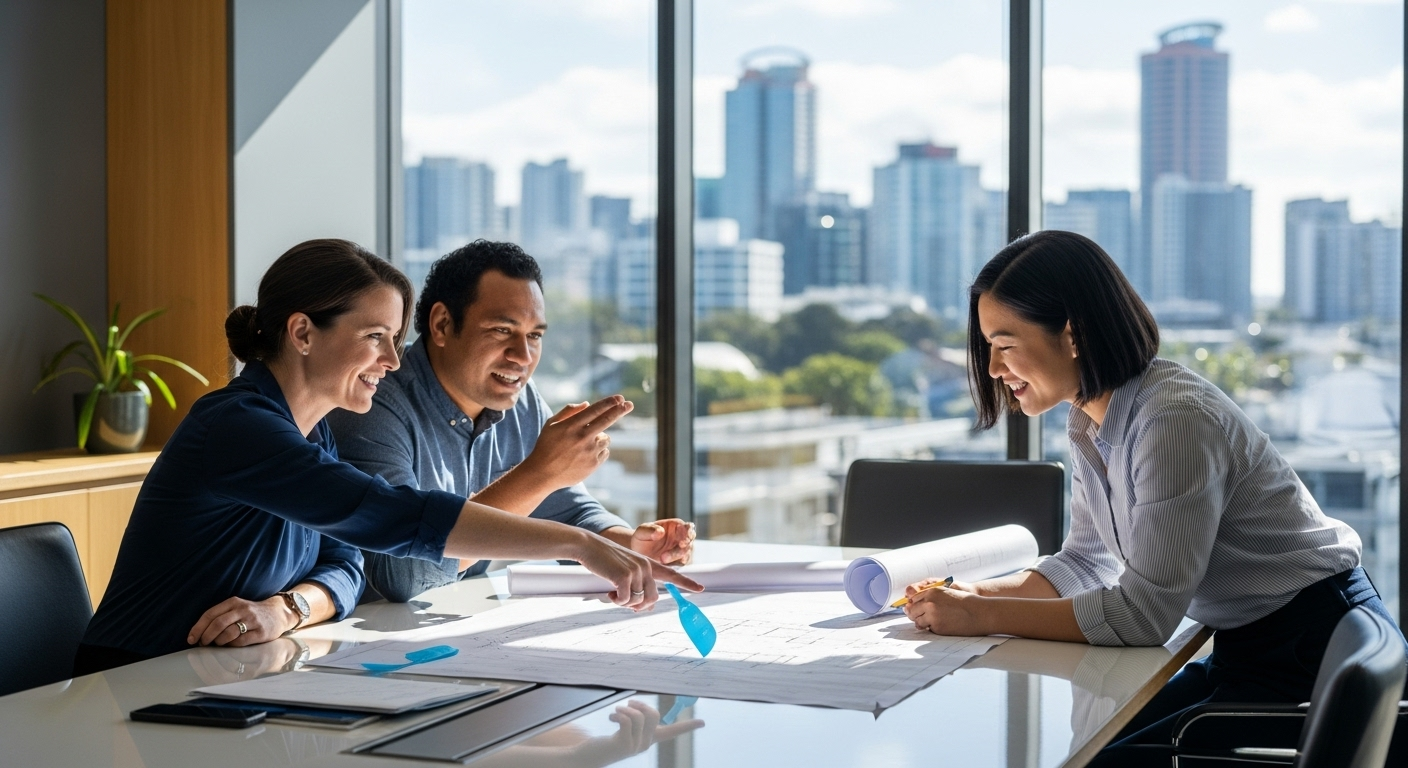 Three coworkers discuss documents at a table in a bright office with a city skyline view.