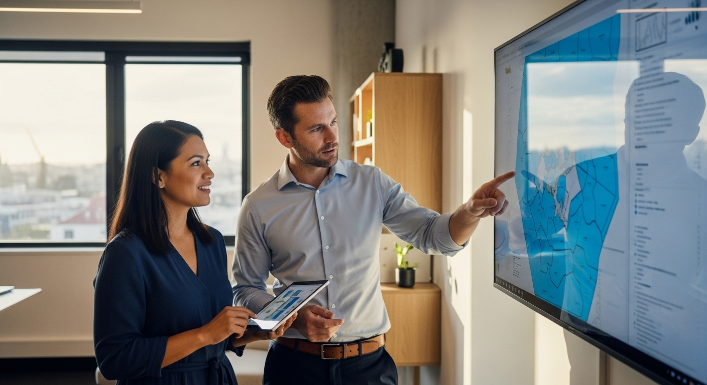 Two coworkers review a large wall screen in a bright office, one pointing at data on the display.