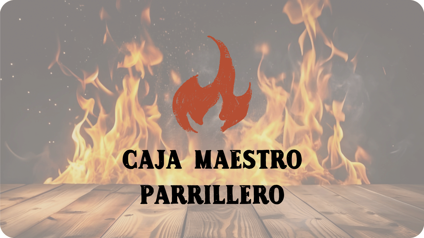 Logotipo con llamas sobre una mesa de madera y el texto “CAJA MAESTRO PARRILLERO”