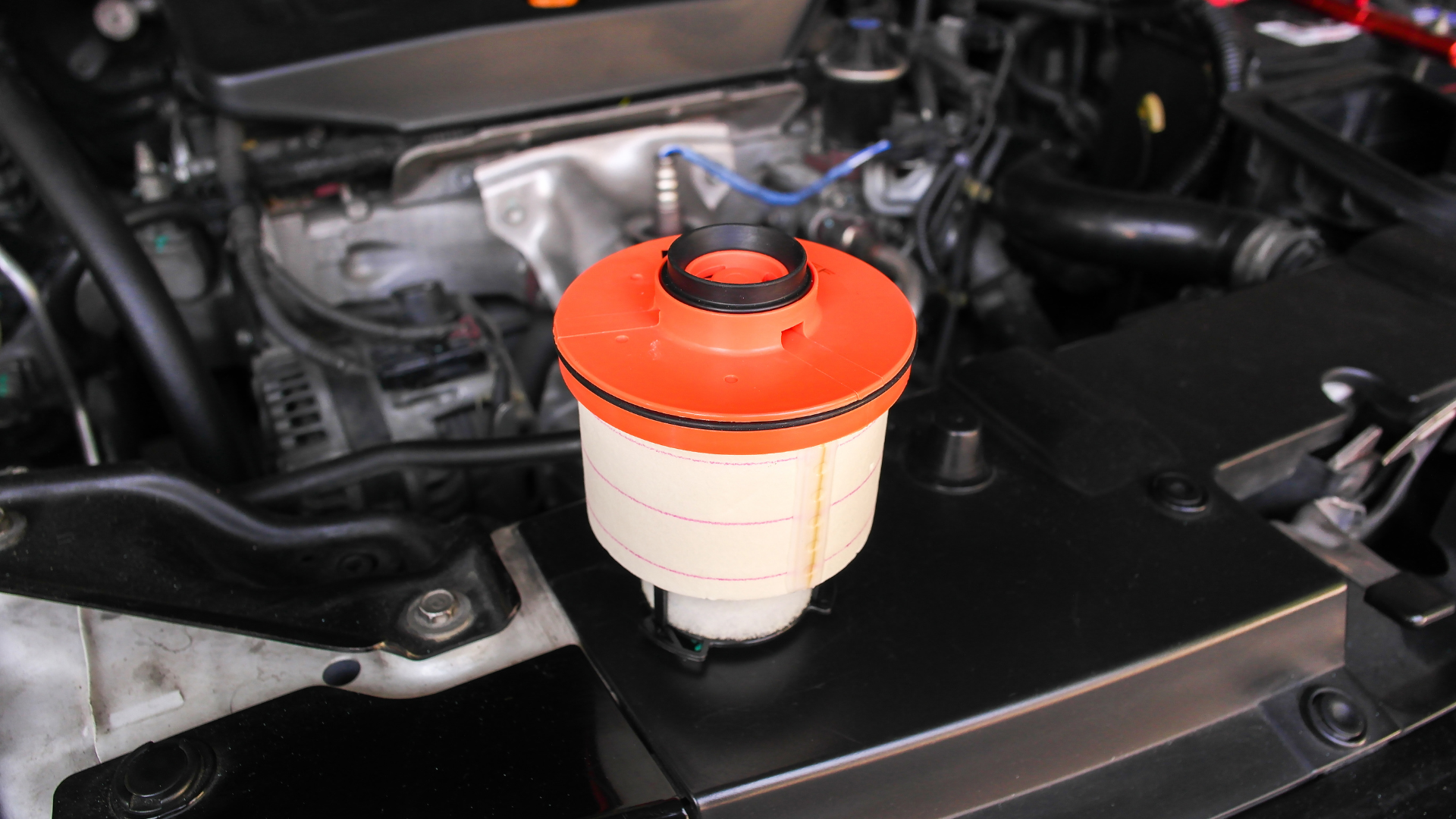 Close-up of a car engine bay with a white reservoir topped by a red cap.