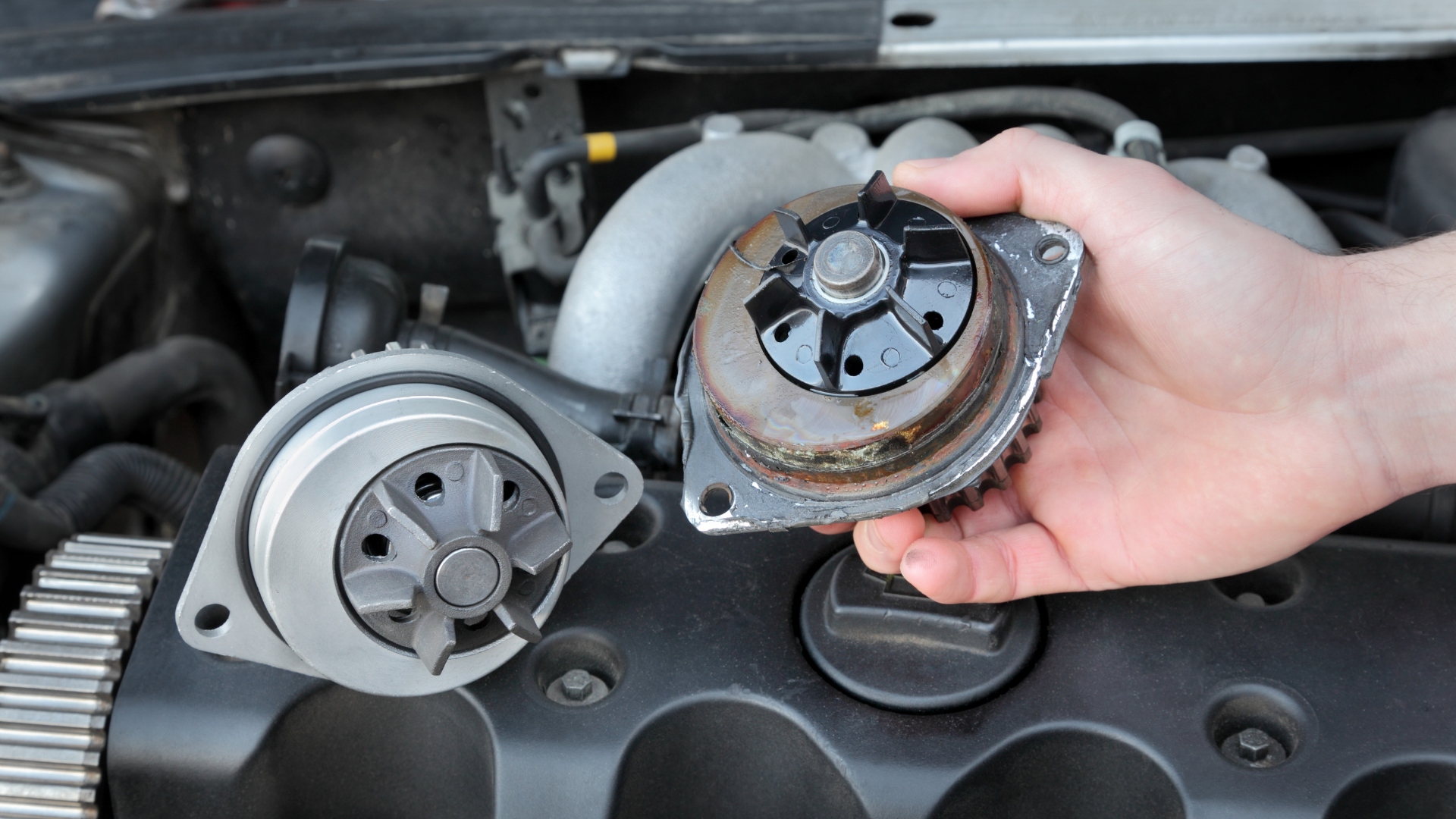 Hand holding a worn automotive water pump beside a car engine, with another pump mounted nearby