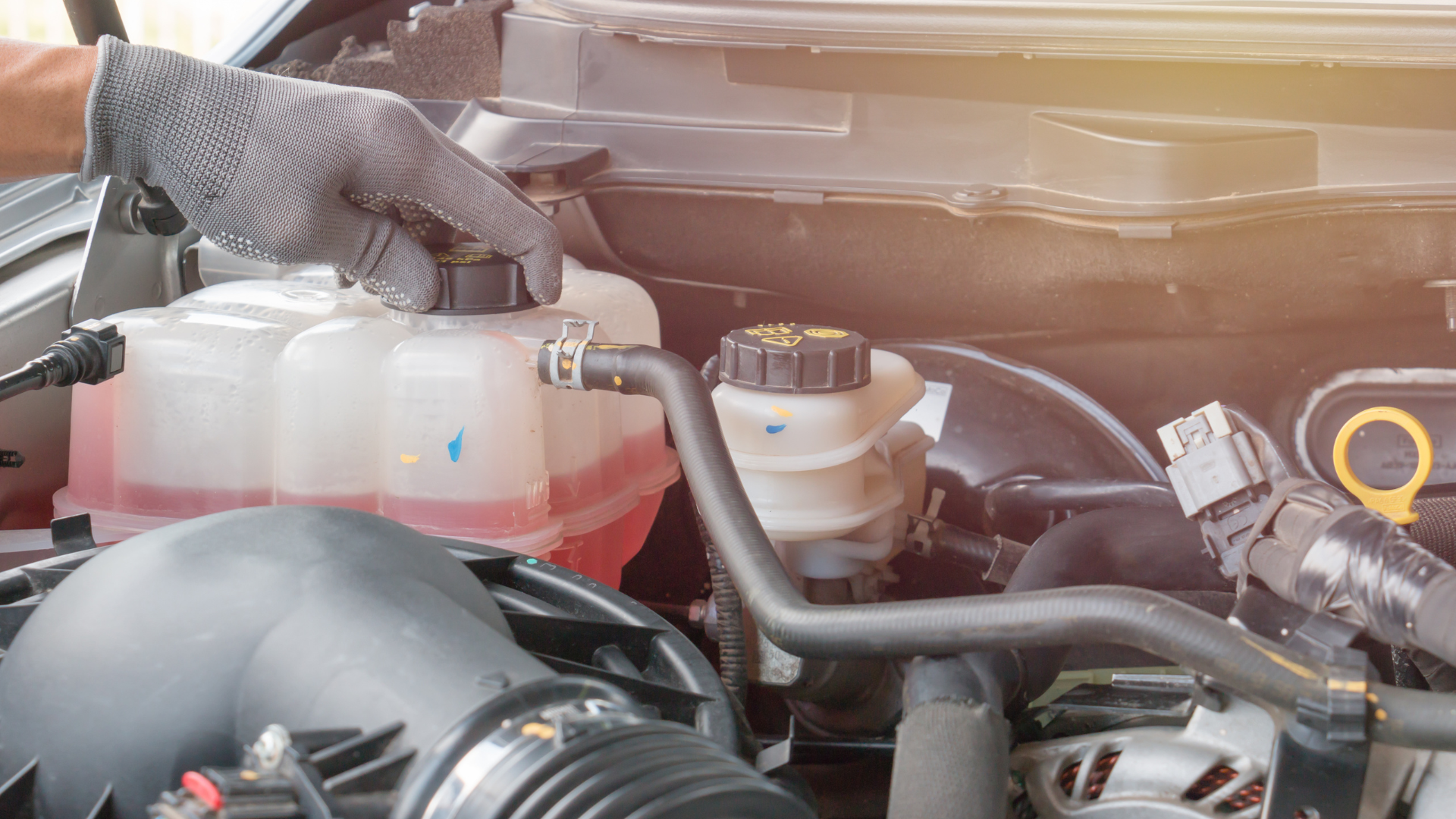 Car engine bay with open hood, coolant reservoir, and mechanic’s gloved hand checking components