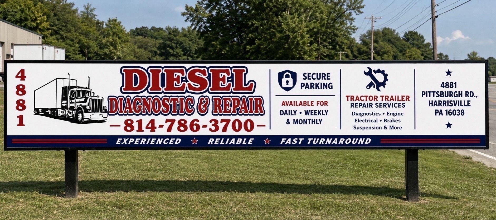 Diesel Discovery Inc. roadside sign with red lettering and towing service details on white background