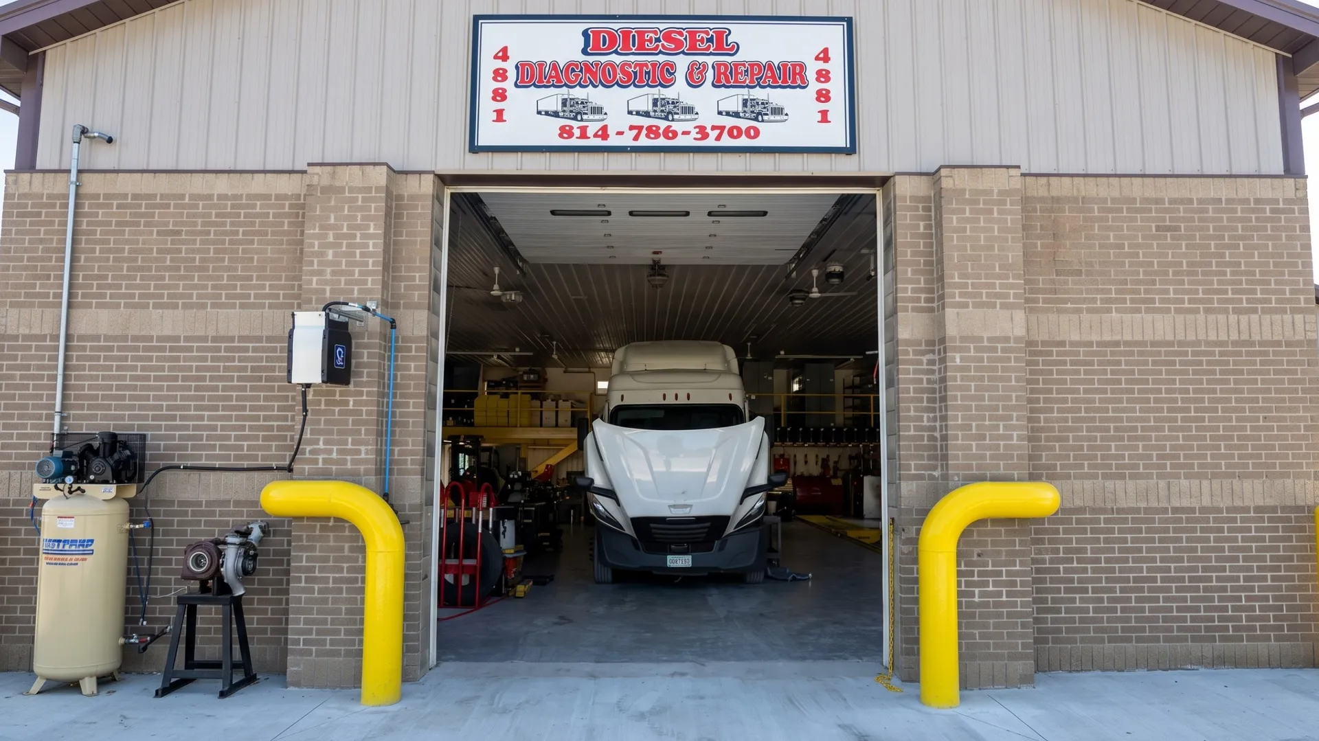 Truck inside an open garage bay with yellow bollards and a service sign above the entrance