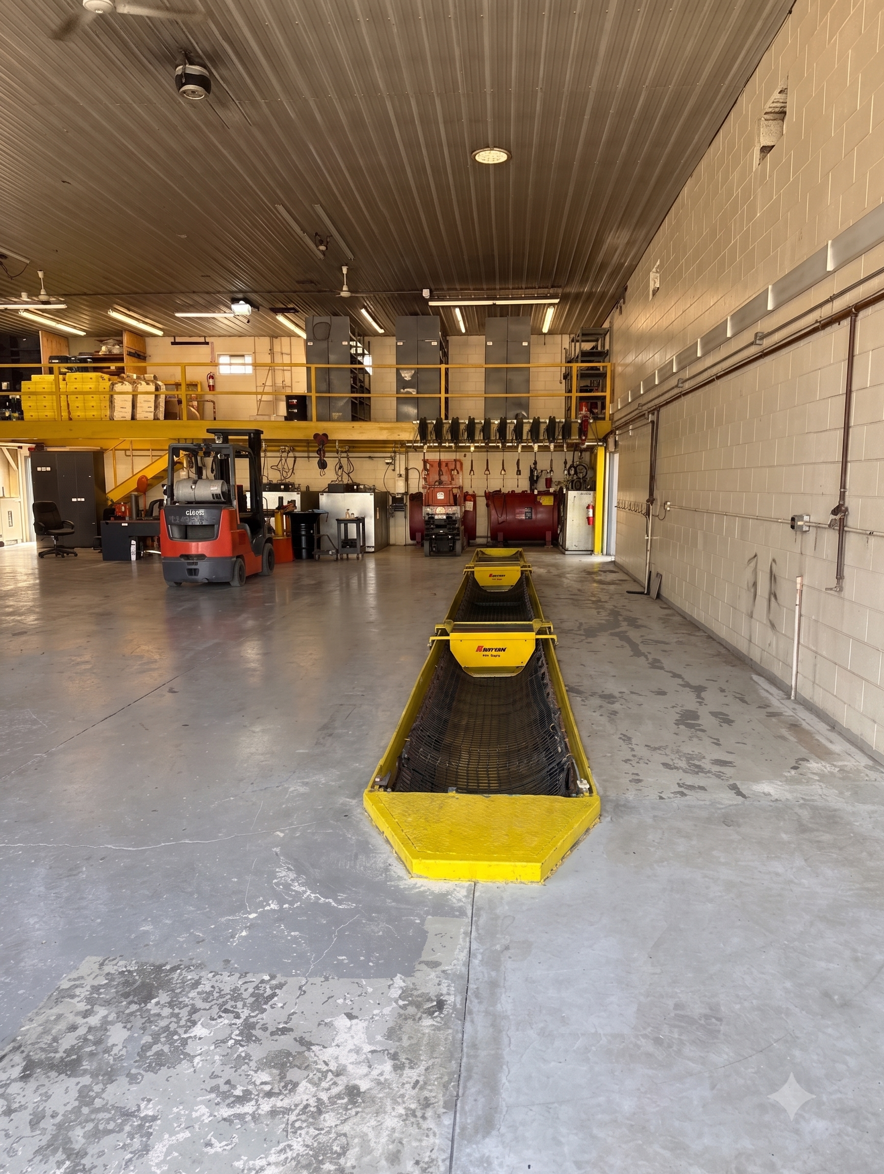 Industrial warehouse interior with forklifts, yellow equipment, and a long metal conveyor in the center