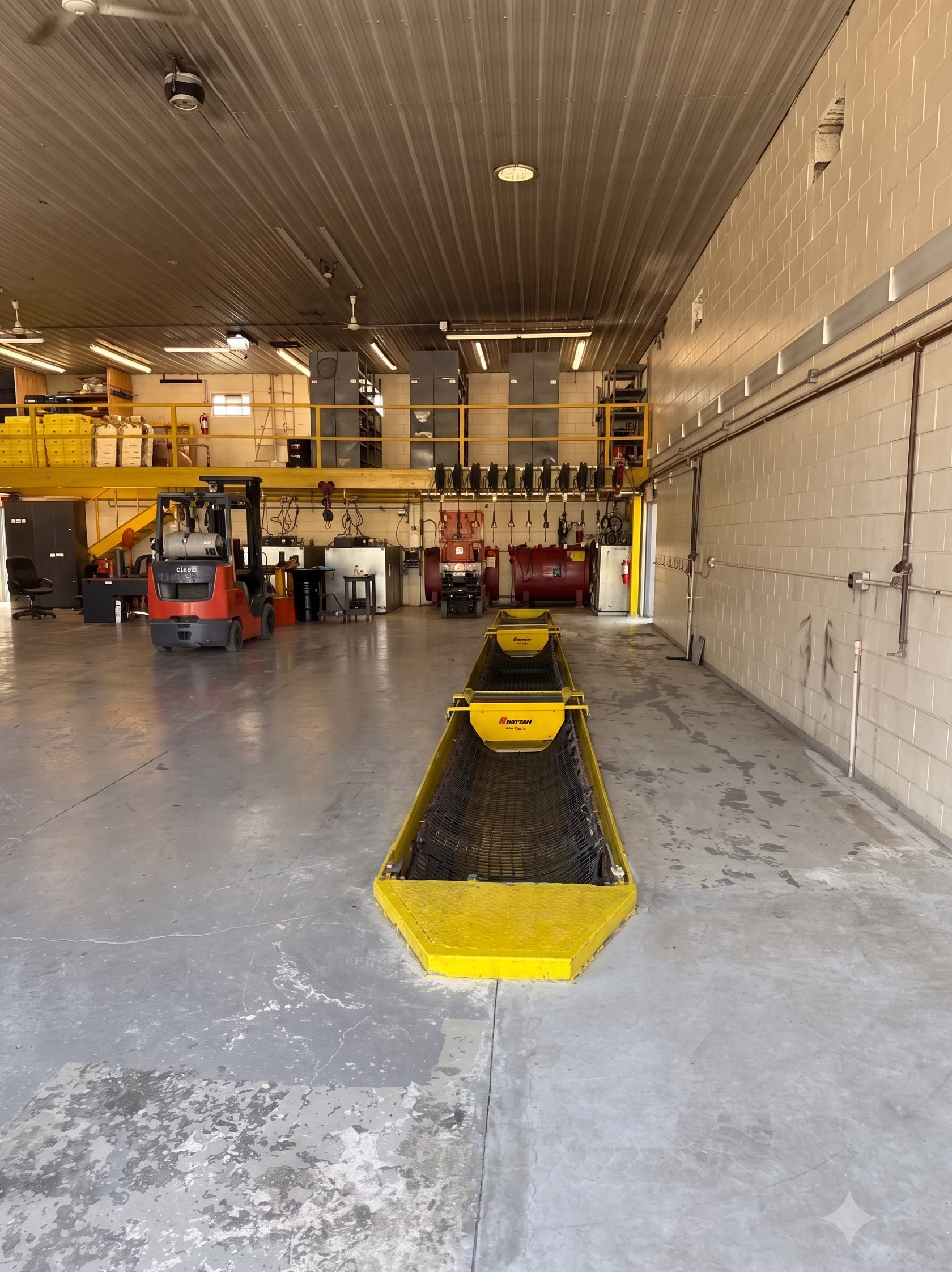 Warehouse interior with a yellow floor lane marker, forklifts, and storage racks under a high ceiling