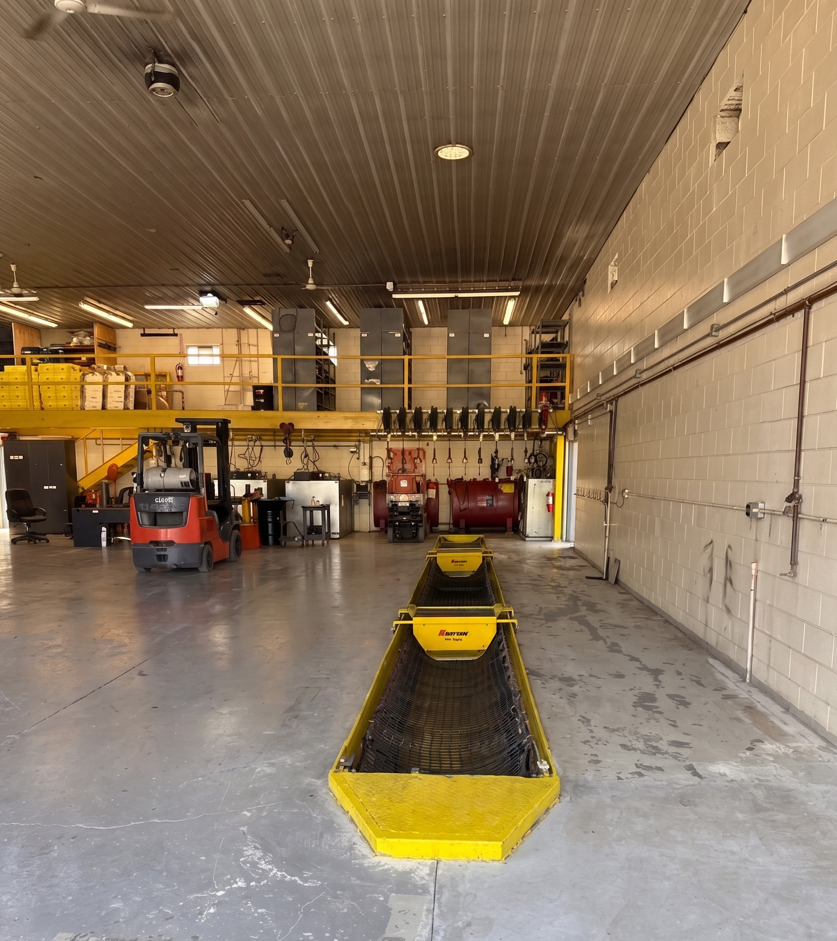 Industrial warehouse interior with forklift, workbench, and yellow conveyor table in the center.