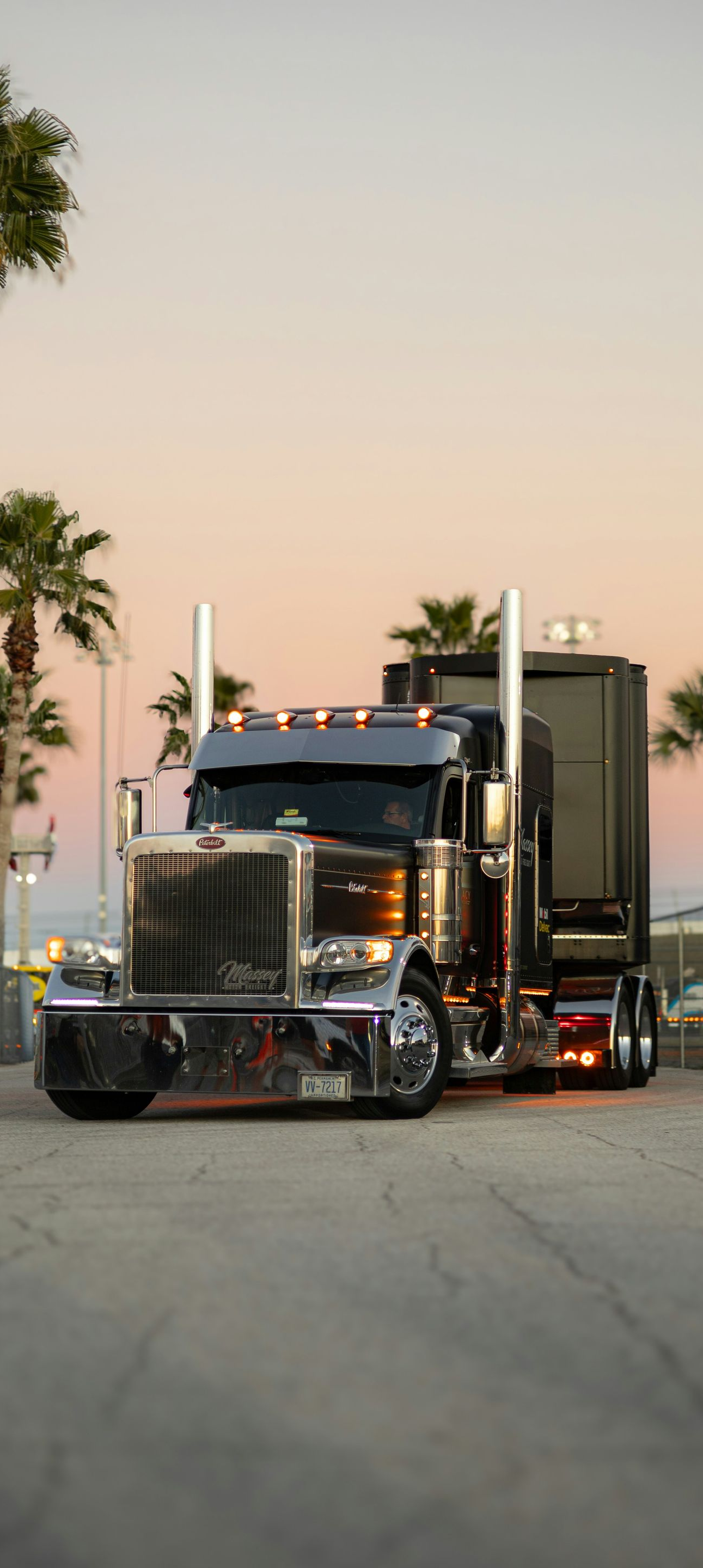 Black semi truck parked on a road at sunset, with palm trees and an industrial trailer backdrop
