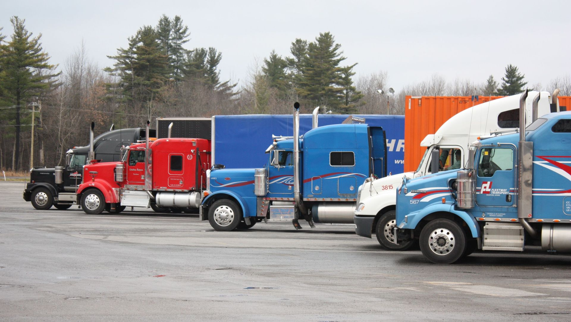 Line of parked semi trucks in red, blue, and white at a truck stop under overcast skies.