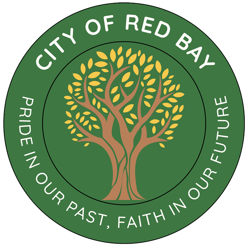 City of Red Bay seal with a green background and a golden tree, reading &ldquo;Pride in Our Past, Faith in Our Future&rdquo;