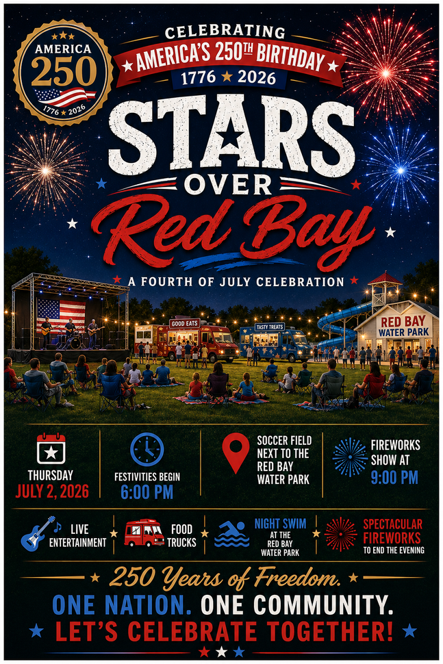 Stars Over Red Bay fireworks celebration poster with event details, July 3–4, 2026.