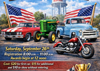 Classic car and motorcycle show flyer with red car, green tractor, blue truck, and American flags on a fairground backdrop