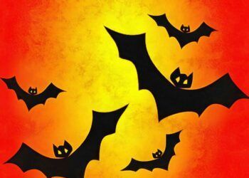 Silhouetted bats flying against a vivid orange and yellow Halloween-style background