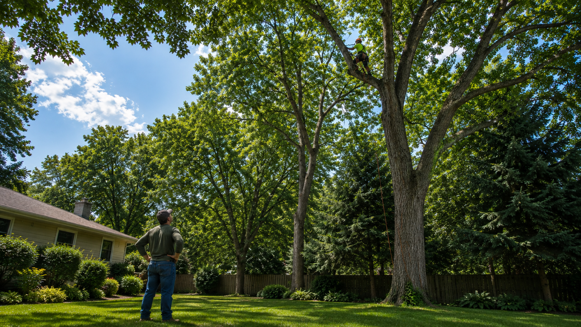 certified arborists inspecting trees in Dameron MD residential yard